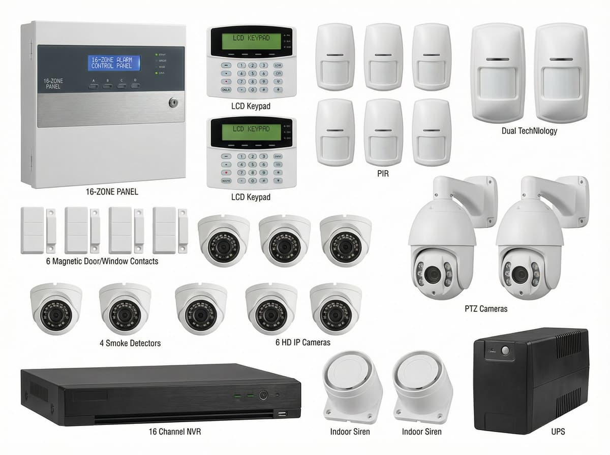 Small Office 16-Zone Grid Power Security System - AI-Enhanced Hybrid Intrusion & Surveillance