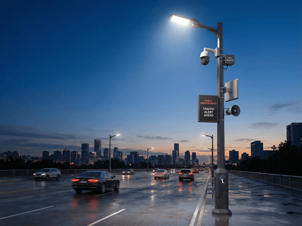 12m Urban Arterial 7-in-1 Premium Smart Streetlight — Integrated Smart Pole with 5G, AI Camera & EV Charging