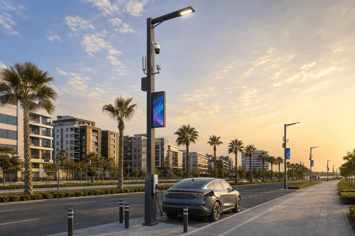 12m Urban Arterial 7-in-1 Premium Smart Streetlight — Integrated Smart Pole with 5G, AI Camera & EV Charging