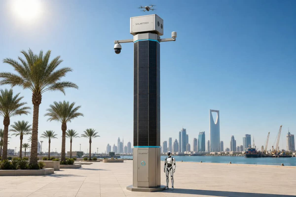 12m Smart Pole with Drone Dock (Sky Hub) - Industrial Port Off-Grid Edge Node