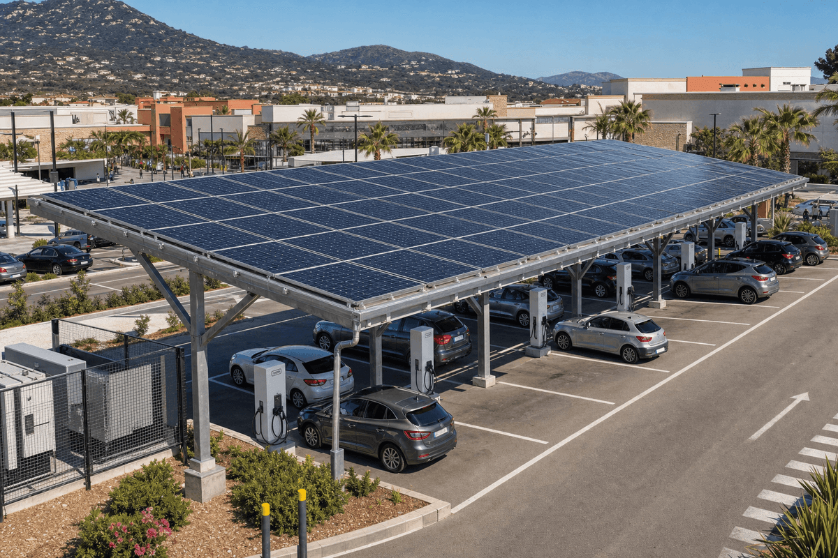 150kW Mall Carport with EV Charging - Bifacial Fixed-Tilt Solar PV