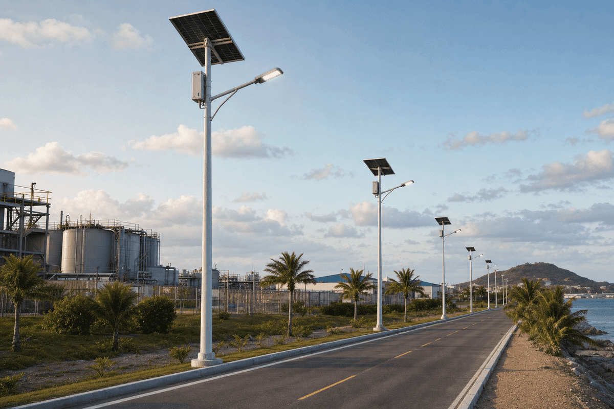10m Coastal FRP Pole 80W Anti-Corrosion Solar Streetlight - Marine-Grade Split System