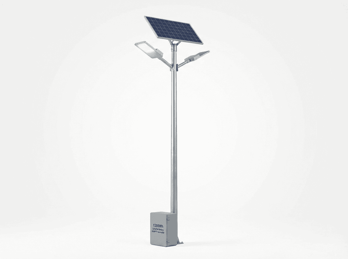 12m Industrial Split 150W Solar Street Light — Dual-Arm, 25,500 lm, 4-Day LFP Autonomy