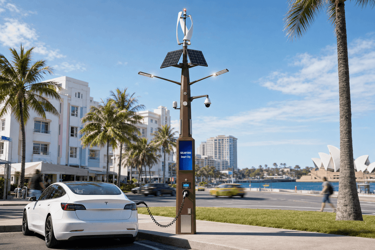 9m Wind-Solar Hybrid Smart Pole - Industrial Port 10-in-1 Infrastructure deployed in an international application environment