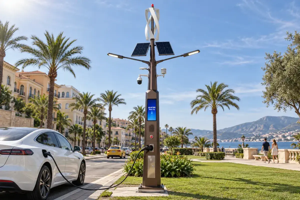 11m Wind-Solar Hybrid Smart Pole · Campus & Park — Integrated EV Charging deployed in an international application environment